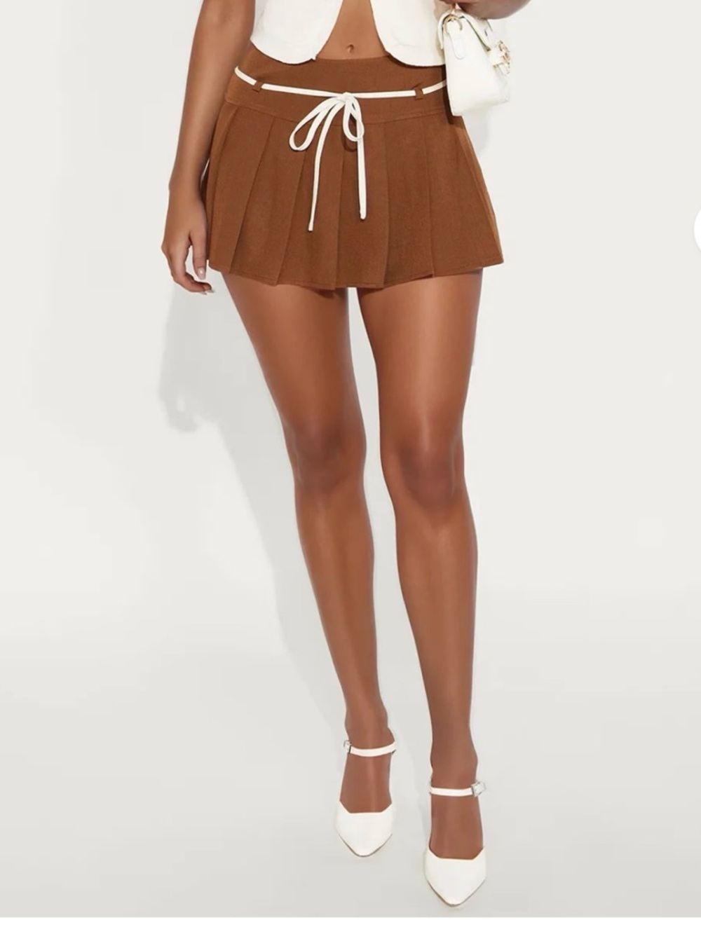 Fashion Nova High-Waist Pleated Micro Skirt with Contrast Drawstring - Brown